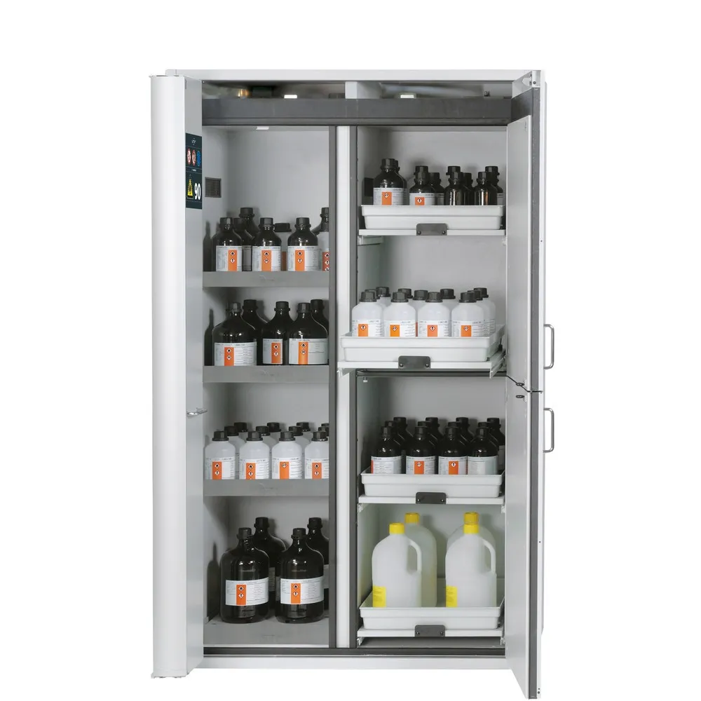 asecos® Kombi-Schrank K-PHOENIX-90, HxBxT 1.969 x 1.197 x 617 mm, Edelstahl: 3x Fachboden, 1x Lochblecheinsatz, 1x Bodenauffangwanne, 4x Tablarauszug mit PP-Wanne