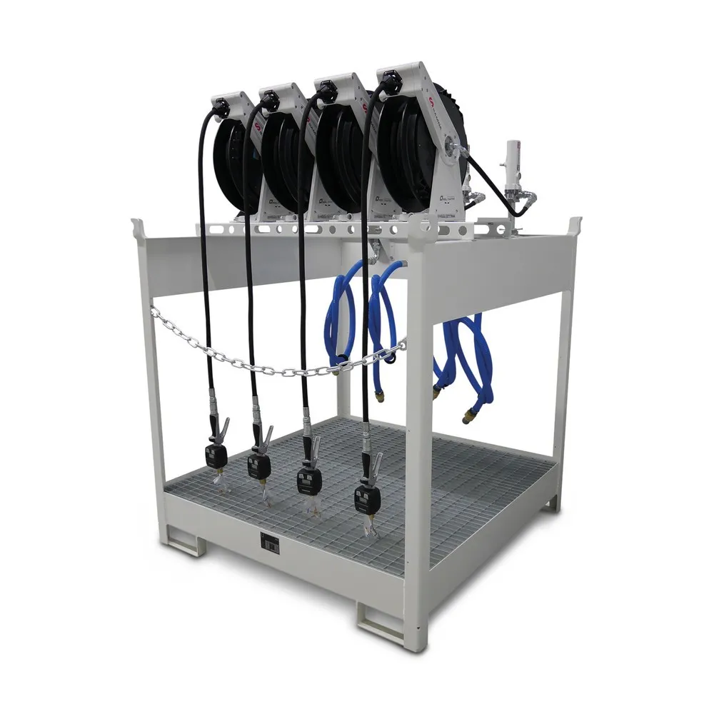 Frischöl-Insel SAMOA 44 DP, für 4 Fässer à 60 l oder 4 Fässer à 200 l, inkl. Auffangwanne, 4 Pneumatikpumpen, 4 offenen Schlauchaufrollern und 4 Füllpistolen mit Elektronikzähler