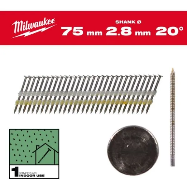 Milwaukee Elektrowerkzeuge Ringschaft Stahl blank Rundkopf-Nägel für M18FFN21 7,4 x 2,8 x 75 mm (Inhalt: 2 Stück - 23.28 € / 1 Stück)
