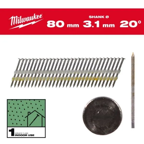 Milwaukee Elektrowerkzeuge Ringschaft Stahl blank Rundkopf Nägel für M18FFN21 7,4 x 3,1 x 80 mm (Inhalt: 1.75 Stück - 26.98 € / 1 Stück)