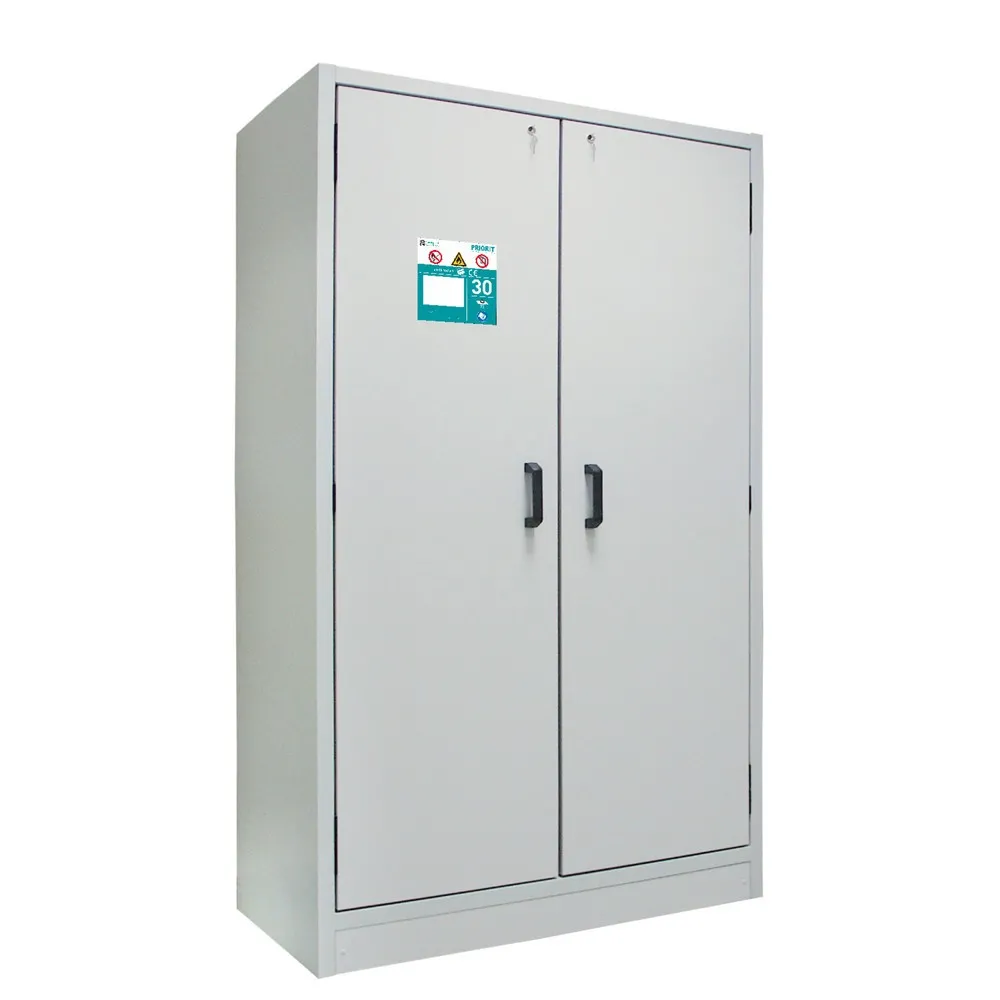 PRIORIT Brandschutzschrank Typ 30, 2-flügelig, 3 Fachböden, 1 Lochblecheinsatz, 1 Auffangwanne, RAL 7035