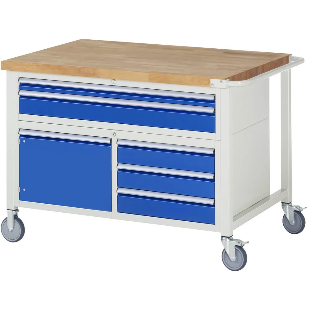 RAU mobile Werkbank Serie 8000, 1 Dreifach-Container, 1 Flügeltür, HxBxT 920-1.120 x 1.250 x 900 mm, 5 x 90%-Auszug-Schubladen