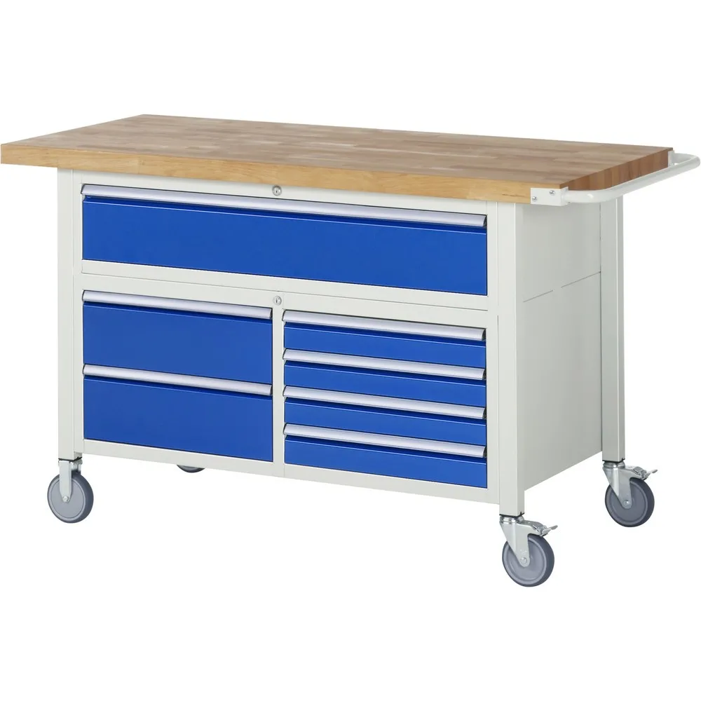 RAU mobile Werkbank Serie 8000, 1 Dreifach-Container, HxBxT 920-1.120 x 1.500 x 700 mm, 7 x 90%-Auszug-Schubladen