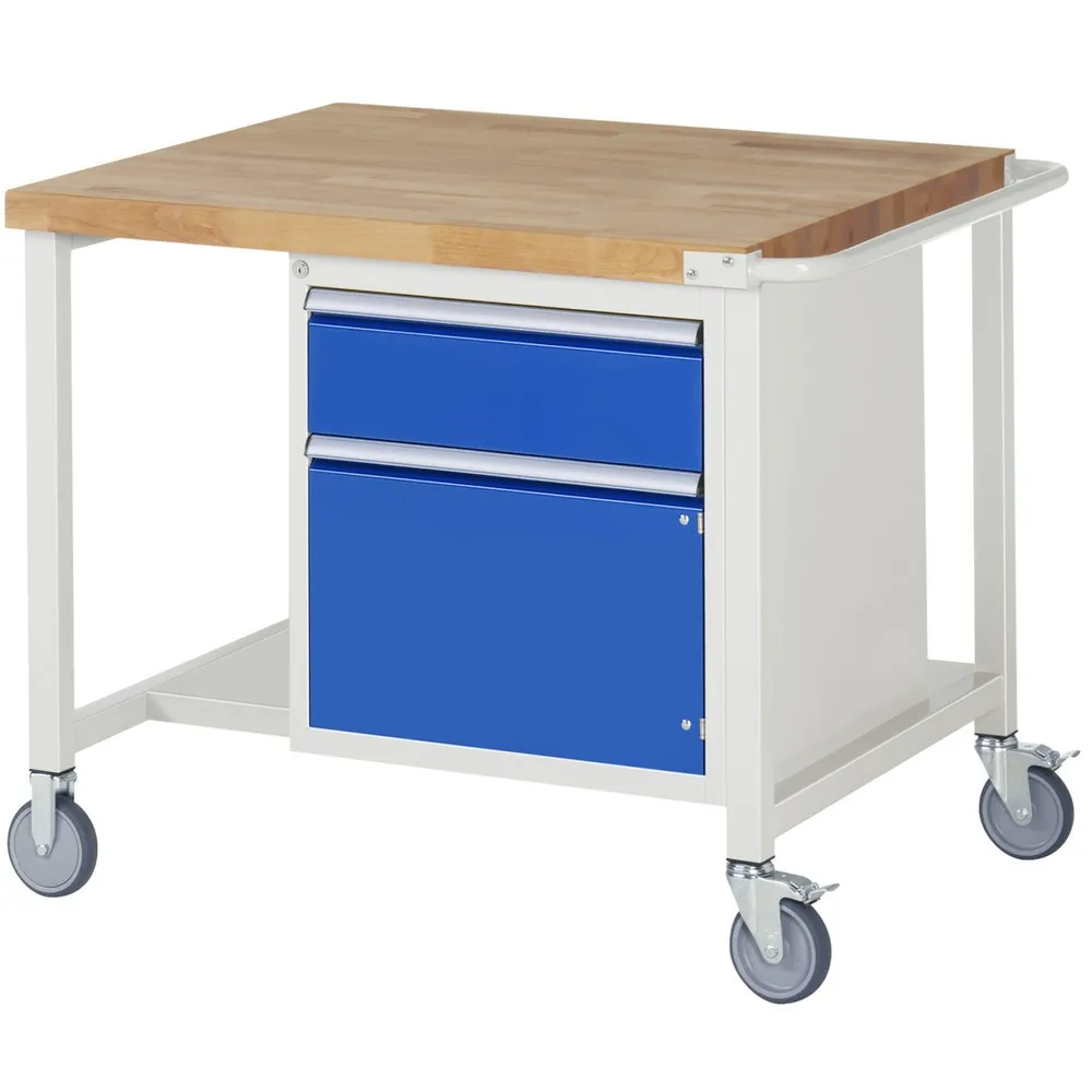 RAU mobile Werkbank Serie 8000, HxBxT 880 x 1.000 x 900 mm, 1 Container, 1 Ablageboden, 1 Flügeltür, 1 x 100%-Auszug-Schublade, ErgoScript