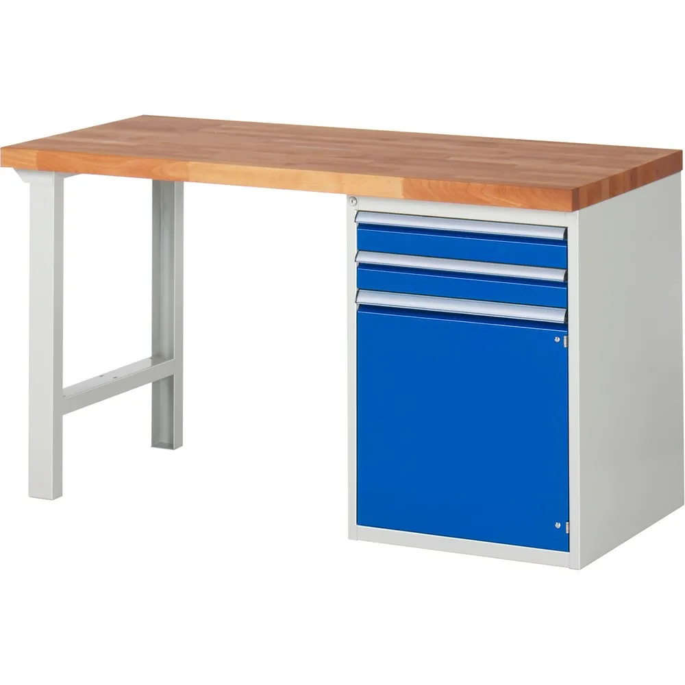 RAU Werkbank Serie 7000, 1 Container, HxBxT 840 x 1.500 x 700 mm, 2 x 90%-Auszug-Schubladen, 1 Flügeltür, 1 Fachboden