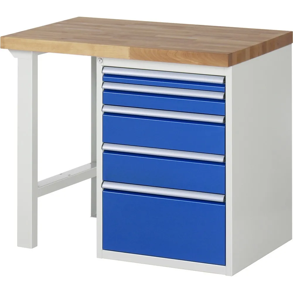 RAU Werkbank Serie 7000, 1 Container, HxBxT 840 x 1.000 x 700 mm, 5 x 90%-Auszug-Schubladen 1 x 60, 1 x 90, 2 x 150, 1 x 270 mm, Schubladen-TK 100 kg