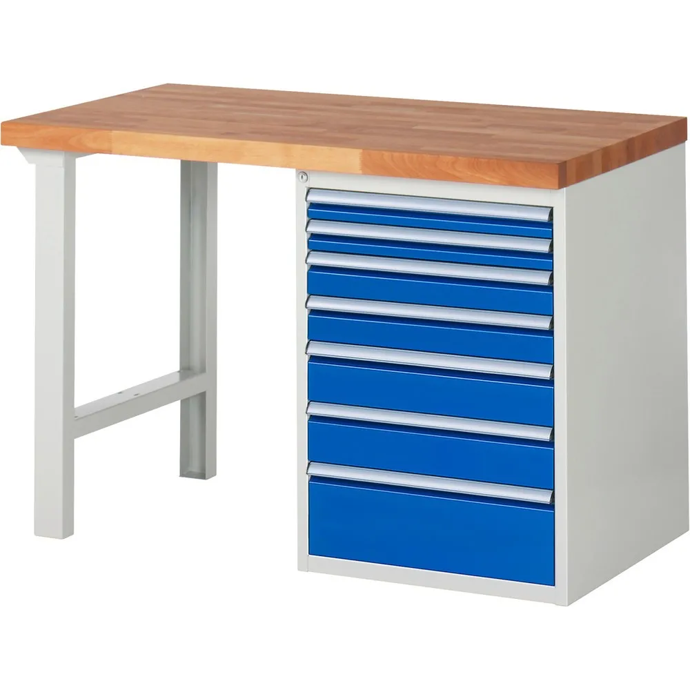 RAU Werkbank Serie 7000, 1 Container, HxBxT 840 x 1.250 x 700 mm, 7 x 90%-Auszug-Schubladen, Schubladen-TK 100 kg