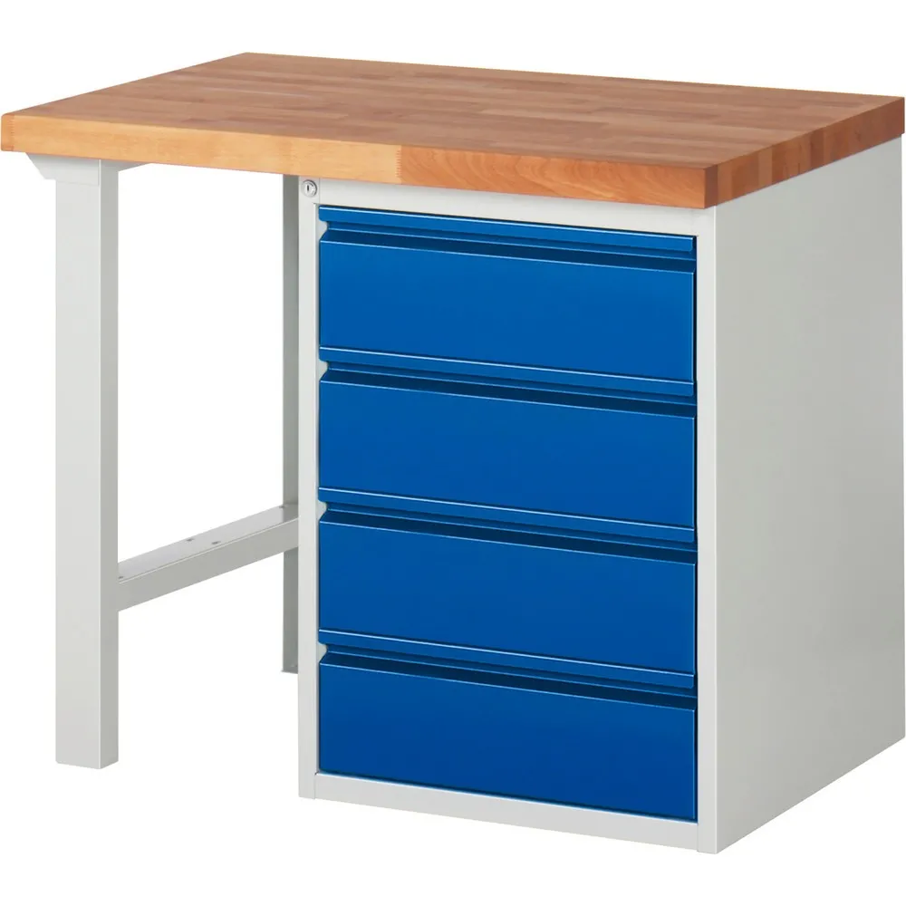 RAU Werkbank Serie 7000, 1 Container, HxBxT 840 x 1.000 x 700 mm, 4 x 90%-Auszug-Schubladen 4 x 180 mm, Schubladen-TK 100 kg