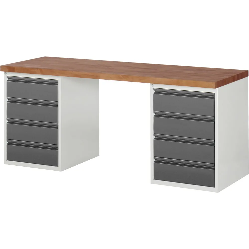 RAU Werkbank Serie 7000, Rotbuche-Massiv-Arbeitsplatte, 2 Container, HxBxT 890 x 2.000 x 700 mm, 8 Schubladen 8 x 180 mm