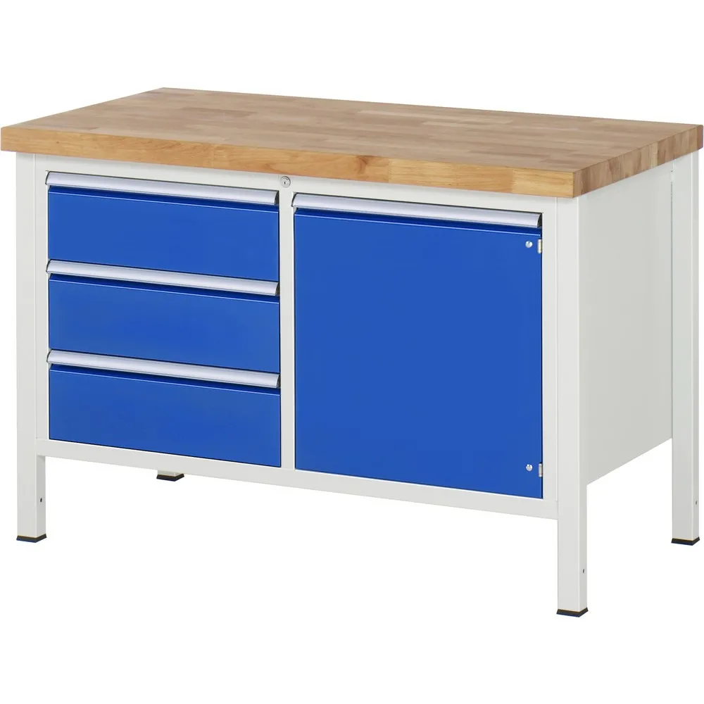 RAU Werkbank Serie 8000, 1 Doppel-Container, 1 Flügeltür, HxBxT 840-1.040 x 1.250 x 700 mm, 3 x 100%-Auszug-Schubladen, ErgoScript®