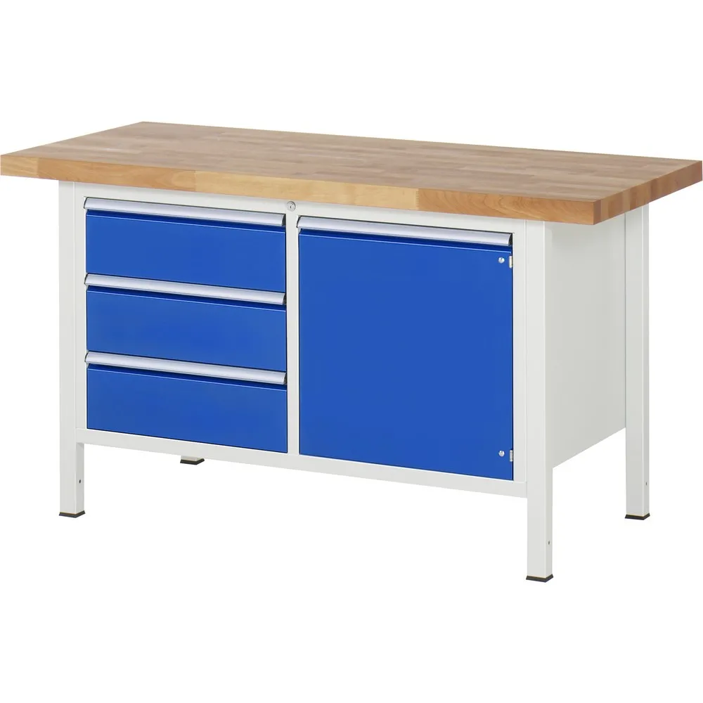RAU Werkbank Serie 8000, 1 Doppel-Container, 1 Fachboden, 1 Flügeltür, HxBxT 840 x 1.500 x 700 mm, 3 x 90%-Auszug-Schubladen ErgoScript®