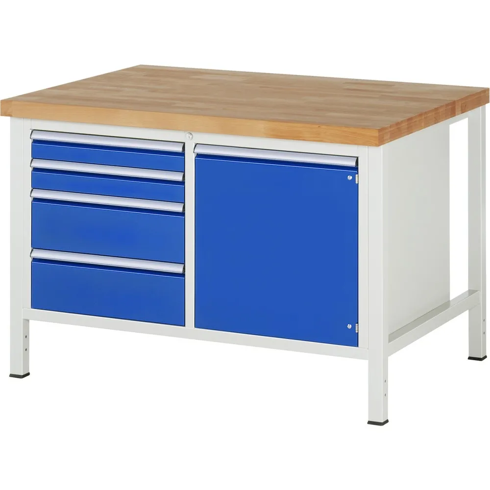 RAU Werkbank Serie 8000, 1 Doppel-Container, 1 Fachboden, 1 Flügeltür, HxBxT 840-1.040 x 1.250 x 900 mm, 4 x 100%-Auszug-Schubladen
