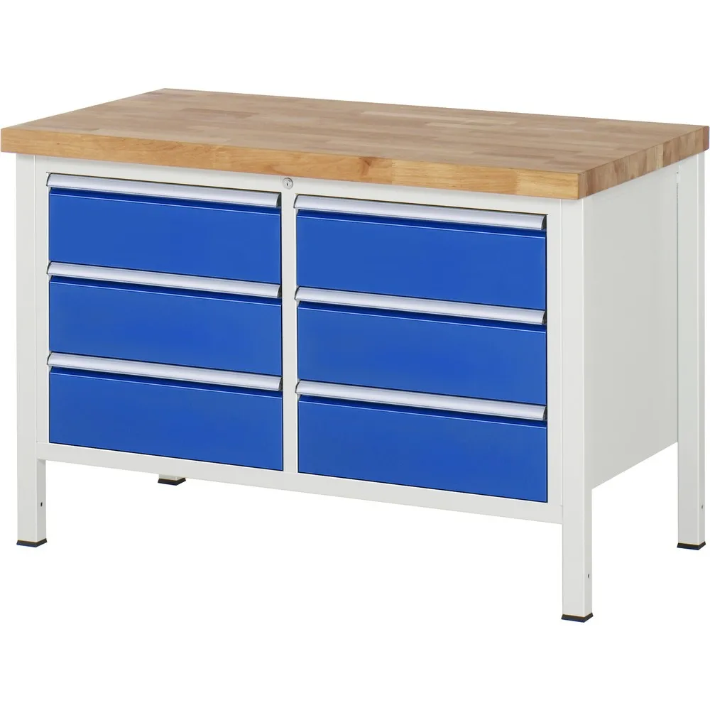 RAU Werkbank Serie 8000, 1 Doppel-Container, HxBxT 840-1.040 x 1.250 x 700 mm, 6 x 90%-Auszug-Schubladen 6 x 180 mm, Breite 490 mm