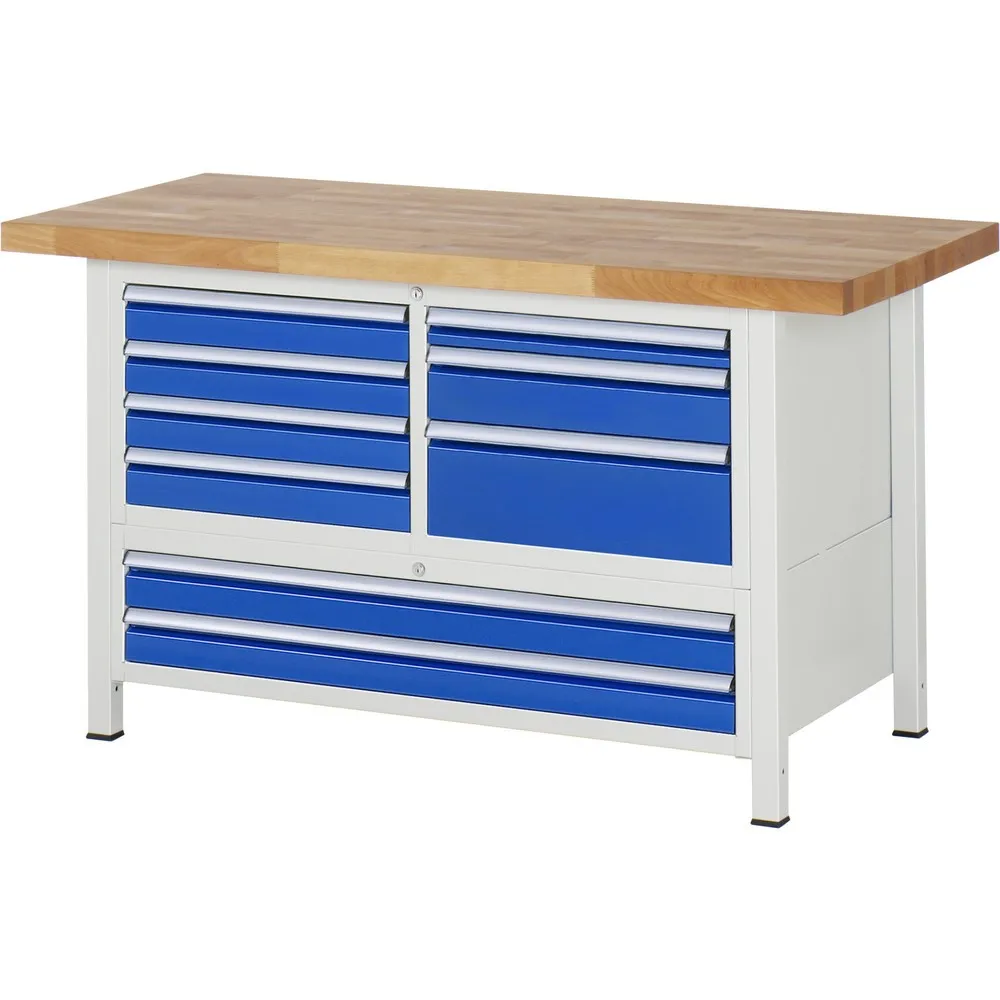 RAU Werkbank Serie 8000, 1 Dreifach-Container, HxBxT 840 x 1.500 x 700 mm, 9 x 90%-Auszug-Schubladen 1 x 60, 6 x 90, 1 x 120, 1 x 180 mm, Schubladen-TK 100/50 kg