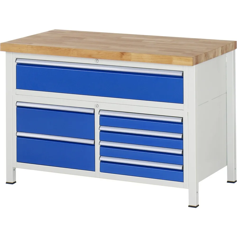 RAU Werkbank Serie 8000, 1 Dreifach-Container, HxBxT 840-1.040 x 1.250 x 700 mm, 7 x 90%-Auszug-Schubladen 4 x 90, 3 x 180 mm