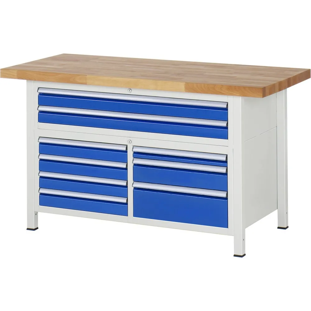 RAU Werkbank Serie 8000, 1 Dreifach-Container, HxBxT 840-1.040 x 1.500 x 700 mm, 7 L + 2 XXL Schubladen, 90%-Auszug