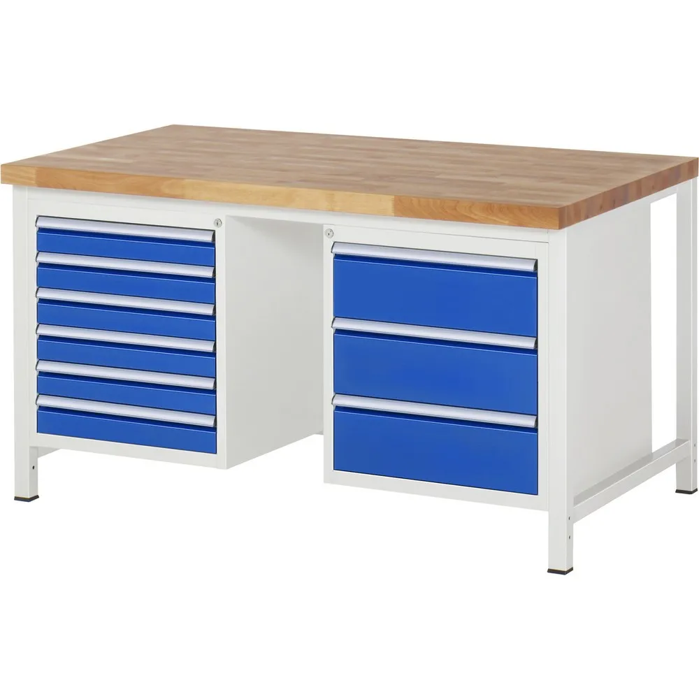 RAU Werkbank Serie 8000, 2 Container, HxBxT 840-1.040 x 1.500 x 900 mm, 9 x 90%-Auszug-Schubladen