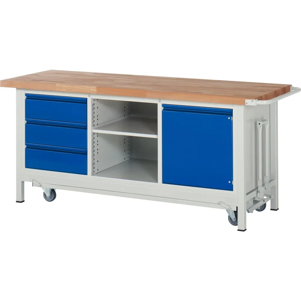 RAU Werkbank Serie 8000 mit absenkbarem Fahrgestell, 1 Dreifach-Container, HxBxT 880 x 2.000 x 700 mm, 1 Flügeltür, 1 Fachboden, 3 x 90%-Auszug-Schubladen, integrierte Griffleiste