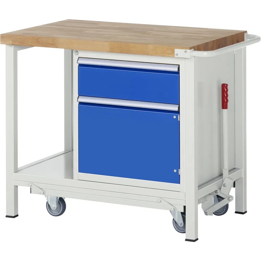 RAU Werkbank Serie 8000 mit absenkbarem Fahrgestell, 1 Container, 1 Ablageboden, HxBxT 880 x 1.000 x 700 mm, 1 x 90%-Auszug-Schubladen, 1 Flügeltür, ErgoScript