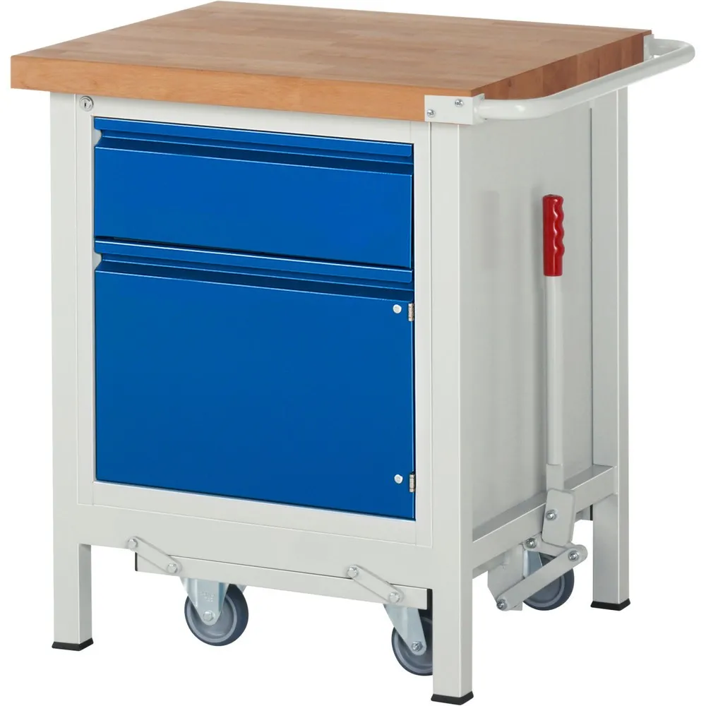 RAU Werkbank Serie 8000 mit absenkbarem Fahrgestell, 1 Container, HxBxT 880 x 750 x 700 mm, 1 x 90%-Auszug-Schubladen, 1 Flügeltür, Griffleiste