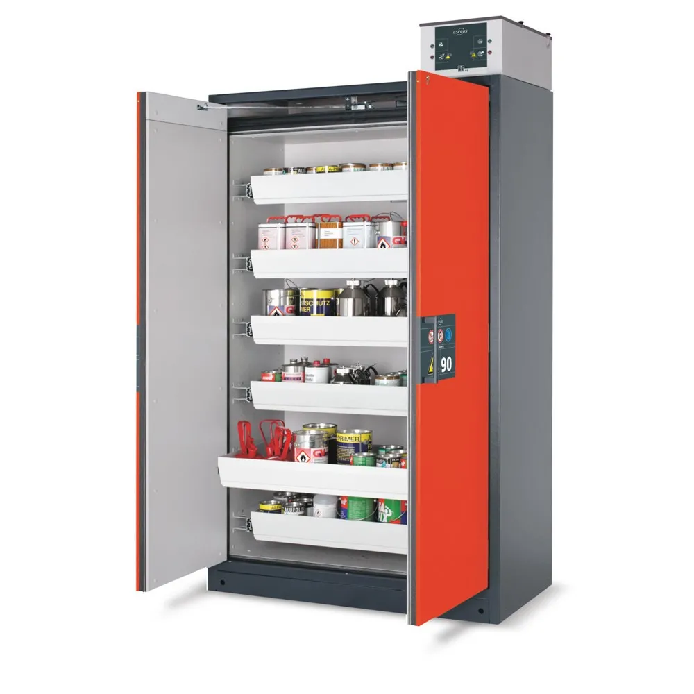 asecos® Brandschutzschrank Q-PEGASUS/Typ 90, 4 Auszugswannen, HxBxT 1.953 x 599 x 615 mm, verkehrsrot