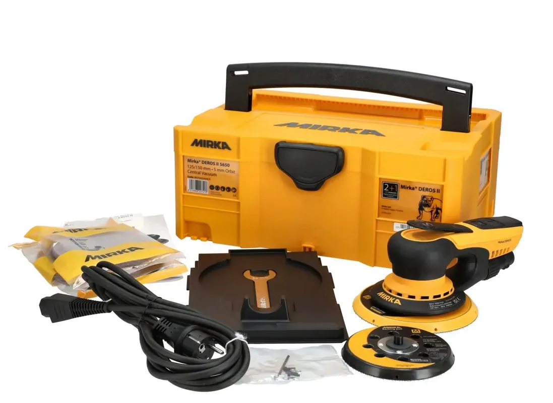 Exzenterschleifer Elektro Mirka DEROS II 5650CV Set + 150 Abranet Scheiben, Case & Roundykit Gratis