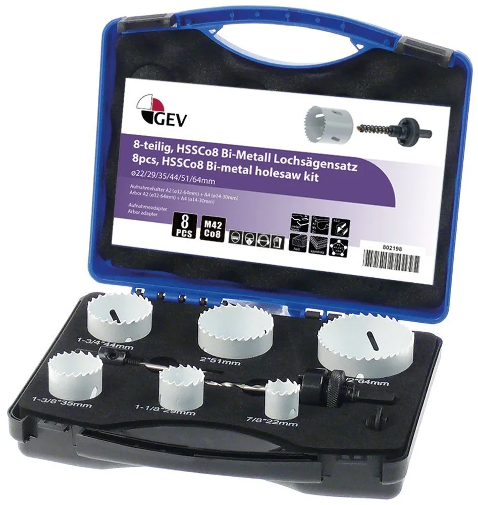 Lochsägensatz mit Feinverzahnung ø 22/29/35/44/51/64mm 8-teilig