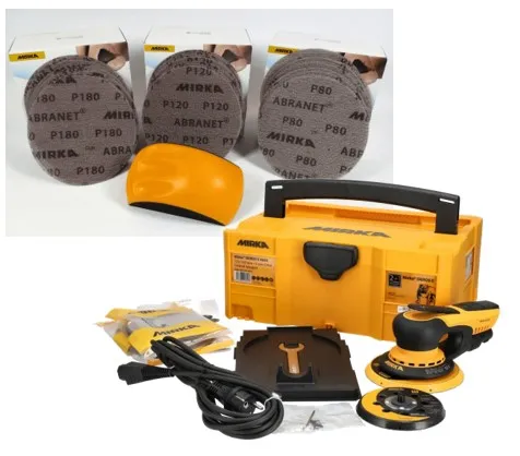 Mirka DEROS II 5650CV im Case mit 150 Schleifscheiben Abranet & Handblock