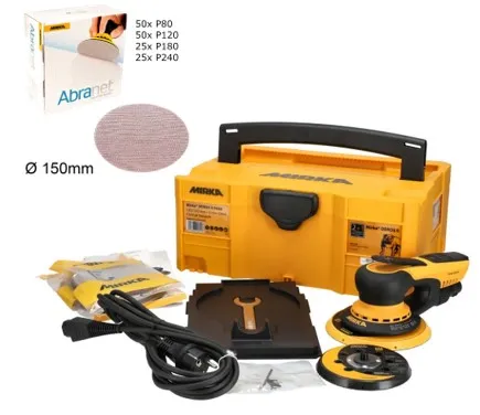 MIRKA Elektro Exzenterschleifer DEROS II 5650CV Set im Case + 150x Abranet Scheiben