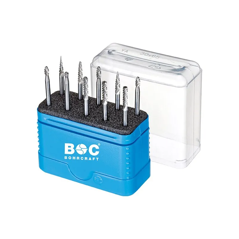 Alu HM-Kleinfrässtifte in Kunststoffkassette 10-tlg. 1x3,0+6,0 mm B/C/D/F/G