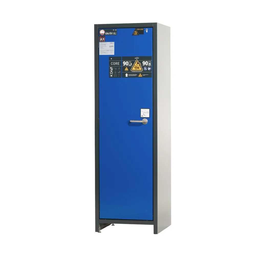 asecos® Akku-Sicherheitsschrank Typ 90 für Lithium-Ionen-Batterien ION-CORE-CHARGE, HxBxT 1.953 x 599 x 615 mm, 4x isolierte Fachböden, 2x Steckdosenleiste (EU-Ausführung), 1x Bodenauffangwanne