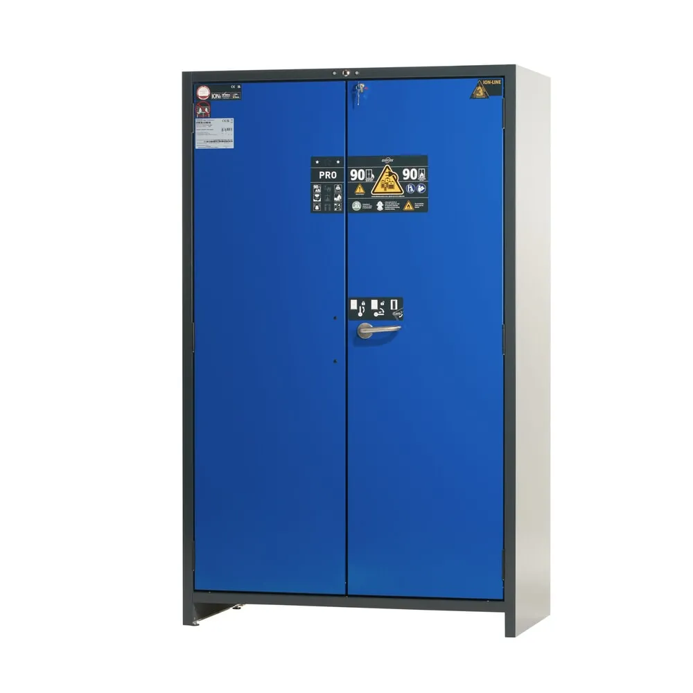 asecos® Akku-Sicherheitsschrank Typ 90 für Lithium-Ionen-Batterien ION-PRO-STORE, HxBxT 1.953 x 1.193 x 615 mm, 3x isolierte Fachböden, 1x Bodenauffangwanne