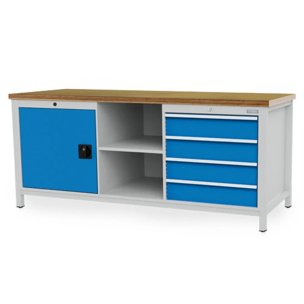 Bedrunka+Hirth Werkbank R 24-24, HxBxT 959 x 2.000 x 750 mm, lichtgrau, lichtblau, 4 Schubladen 4x150 mm, 1 Flügeltür 1x600 mm