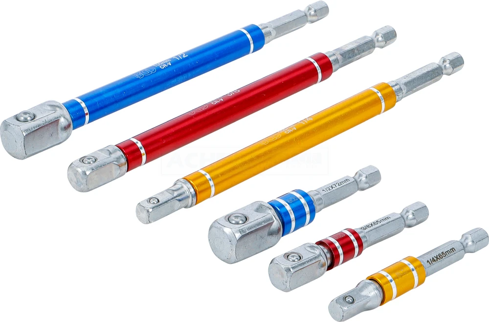 BGS Adapter-Satz für Bohrmaschinen | farbig | Antrieb Außensechskant 6,3 mm (1/4") | Abtrieb Außenvierkant 6,3 mm (1/4"), 10 mm (3/8"), 12,5 mm (1/2")