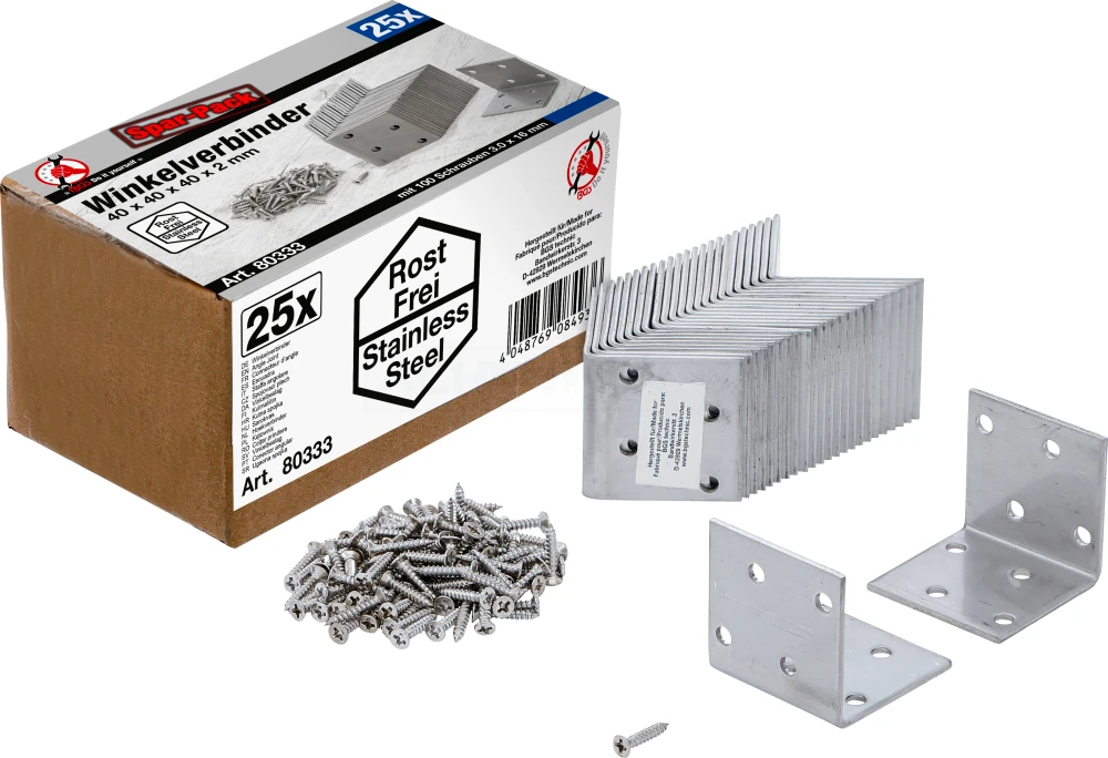 BGS DIY Winkelverbinder | rostfrei | 40 x 40 x 40 mm | Spar-Pack | 25 Stück – 80333