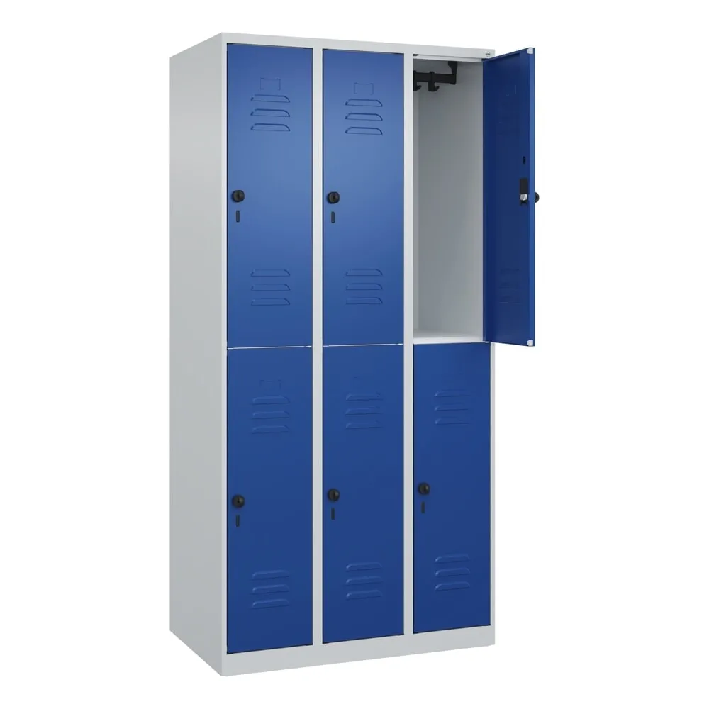 C+P Doppelstock-Spind Classic PLUS, 3 Abteile, HxBxT 1.850 x 900 x 500 mm, lichtgrau, enzianblau, für Vorhängeschloss, 6 Fächer