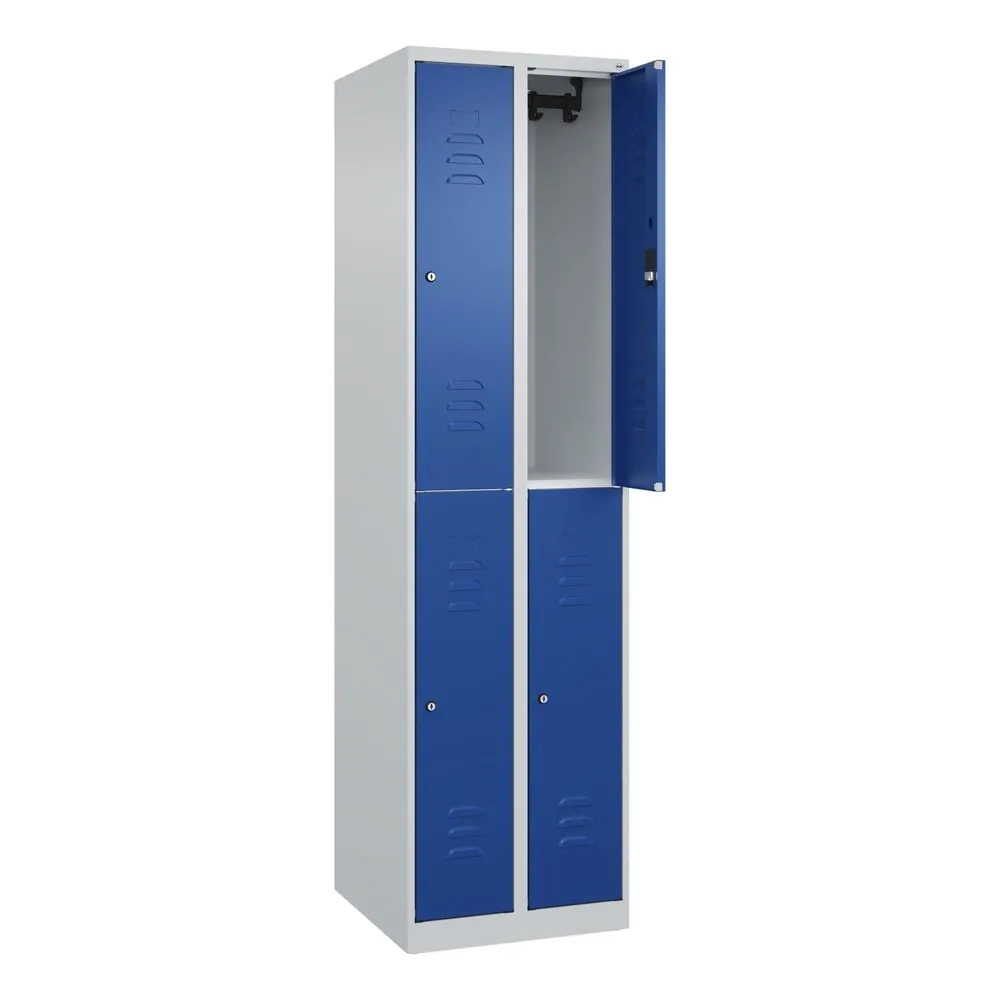 C+P Doppelstock-Spind Classic PLUS, 2 Abteile, HxBxT 1.850 x 500 x 500 mm, lichtgrau, enzianblau, Zylinderschloss, 4 Fächer