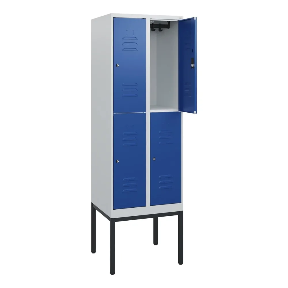 C+P Doppelstock-Spind Classic PLUS, Gestell, 2 Abteile, HxBxT 1.950 x 600 x 500 mm, lichtgrau, enzianblau, Zylinderschloss, 4 Fächer