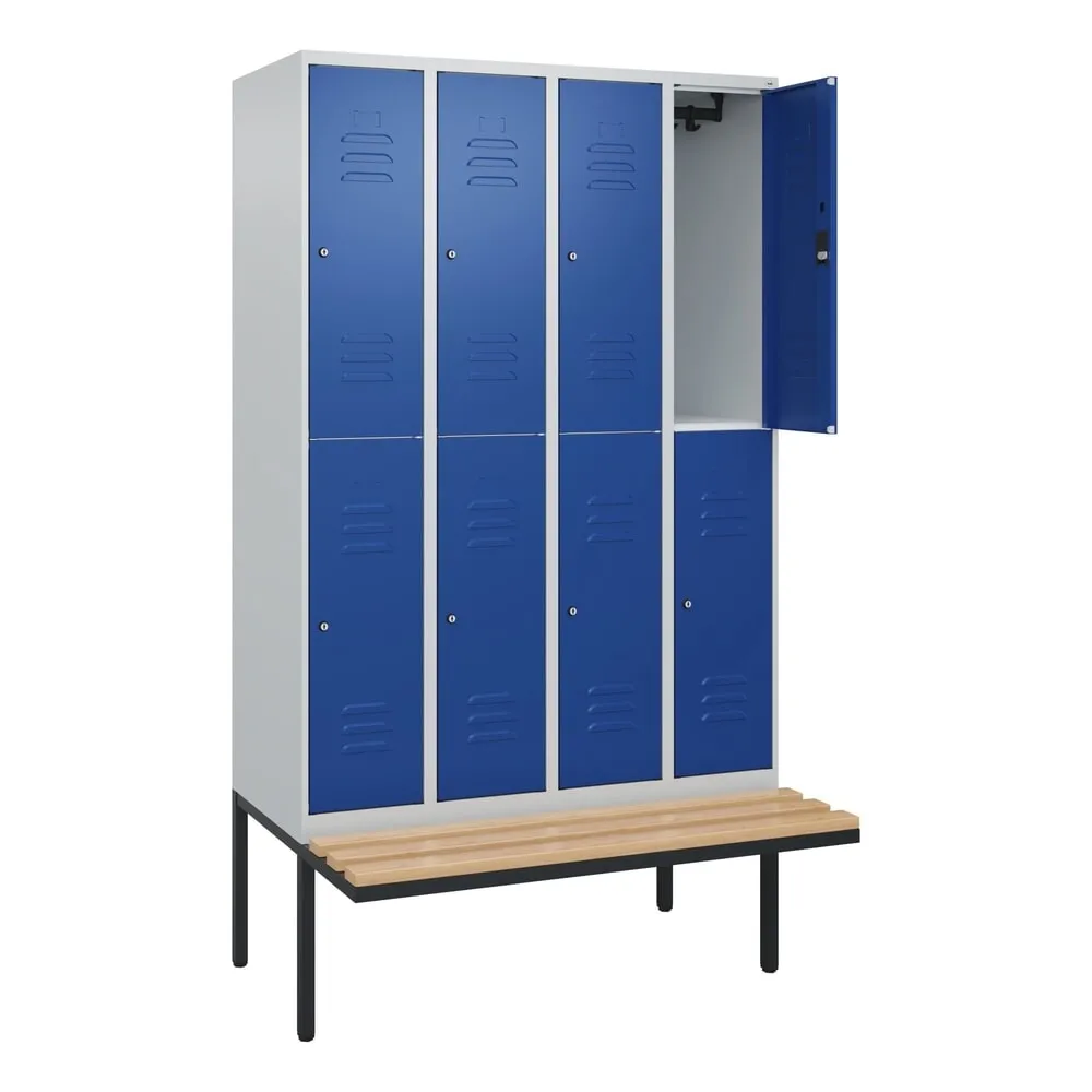 C+P Doppelstock-Spind Classic PLUS, 4 Abteile, HxBxT 2.120 x 1.200 x 815 mm, Zylinderschloss, auskragende Bank aus Buche, lichtgrau, enzianblau