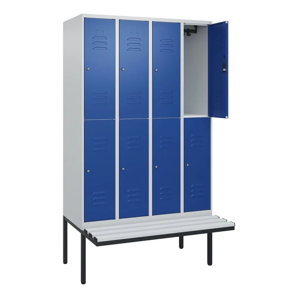 C+P Doppelstock-Spind Classic PLUS, 4 Abteile, HxBxT 2.120 x 1.200 x 815 mm, Zylinderschloss, auskragende Bank aus Kunststoff, lichtgrau, enzianblau