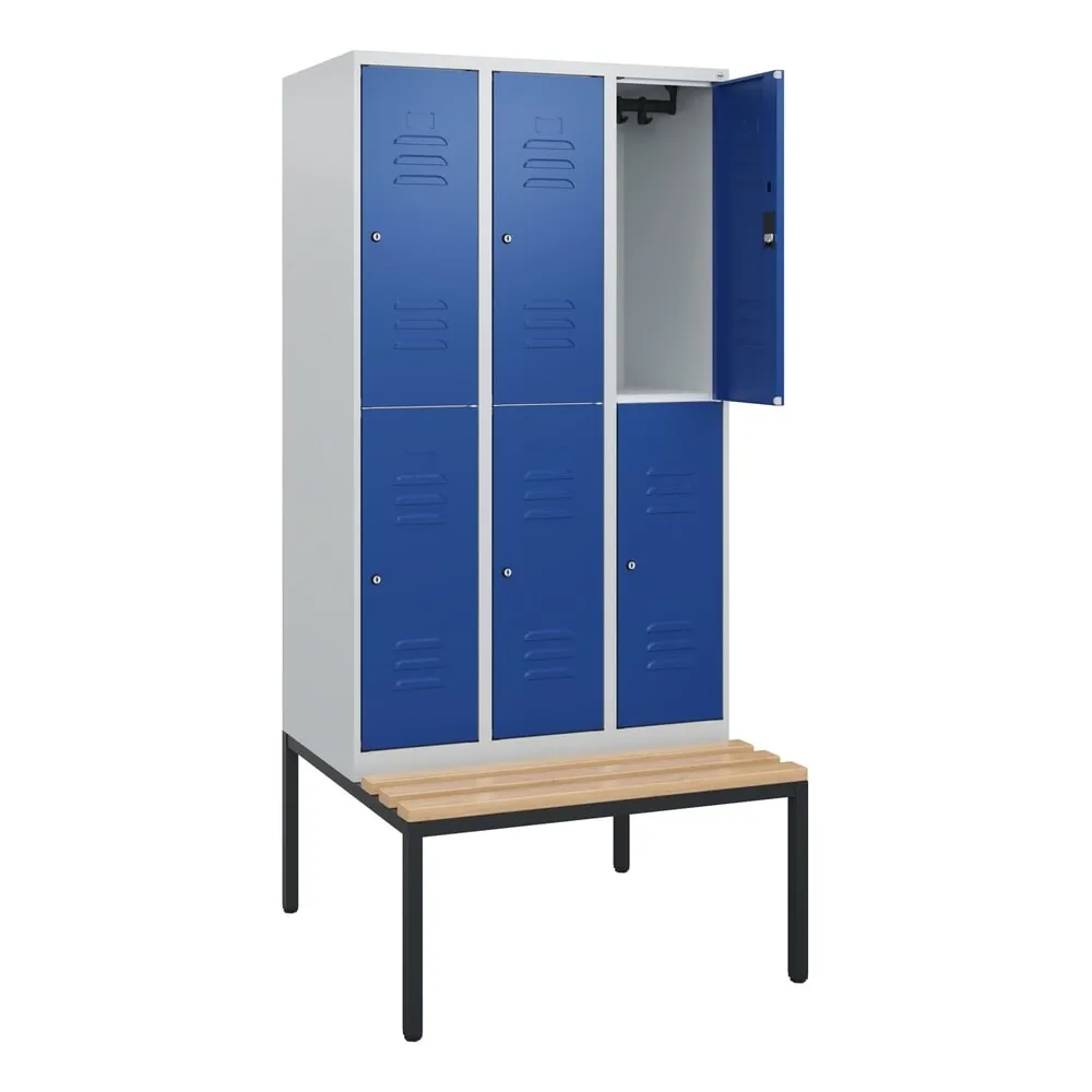 C+P Doppelstock-Spind Classic PLUS, 3 Abteile, HxBxT 1.950 x 900 x 815 mm, Zylinderschloss, untergebaute Bank aus Buche, lichtgrau, enzianblau