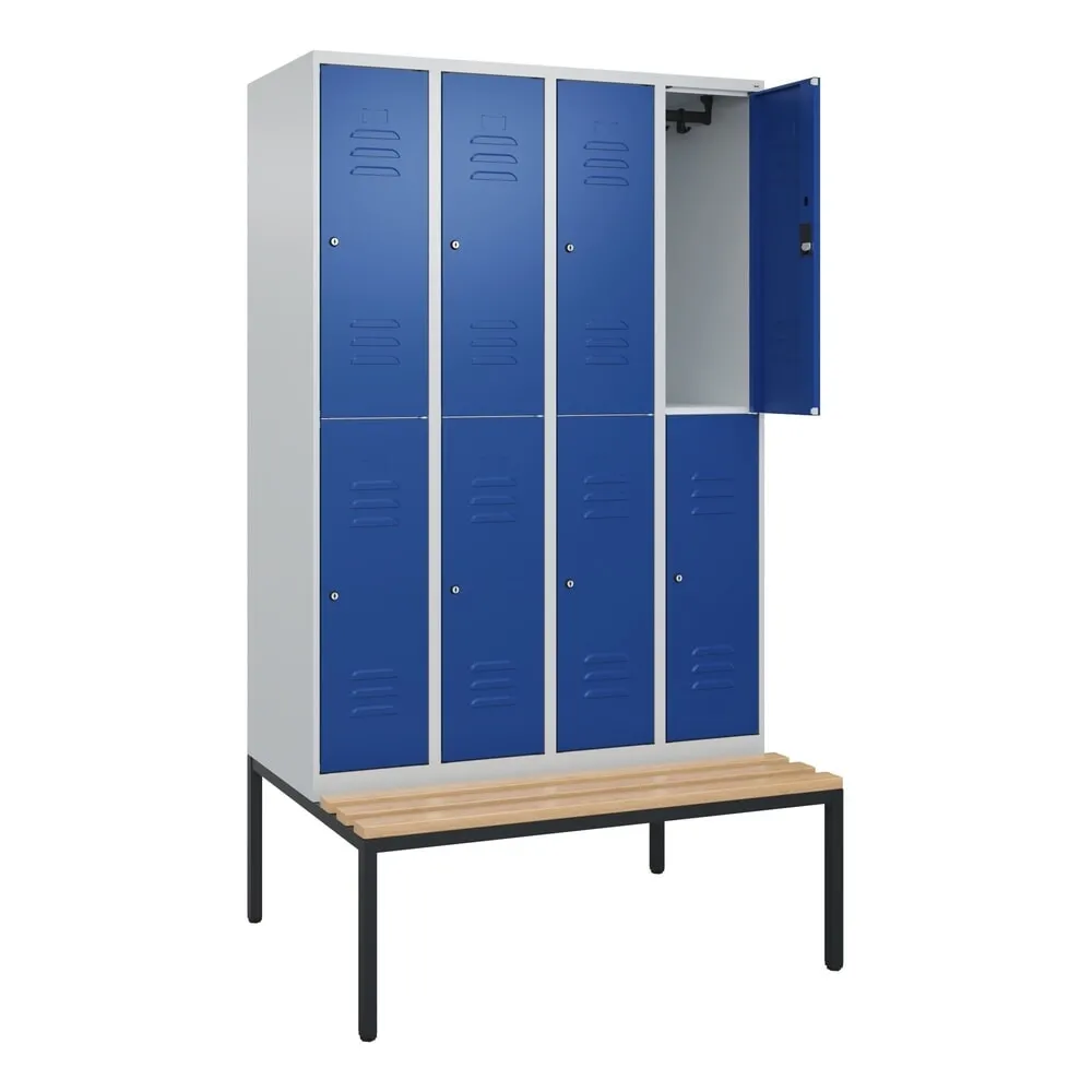 C+P Doppelstock-Spind Classic PLUS, 4 Abteile, HxBxT 2.120 x 1.200 x 815 mm, Zylinderschloss, untergebaute Bank aus Buche, lichtgrau, enzianblau