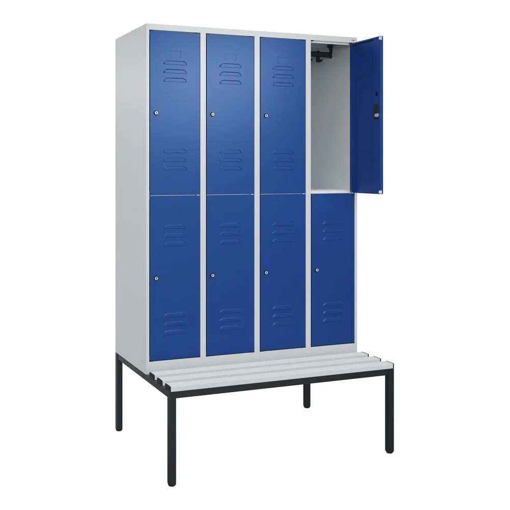 C+P Doppelstock-Spind Classic PLUS, 4 Abteile, HxBxT 2.120 x 1.200 x 815 mm, Zylinderschloss, untergebaute Bank aus Kunststoff, lichtgrau, enzianblau