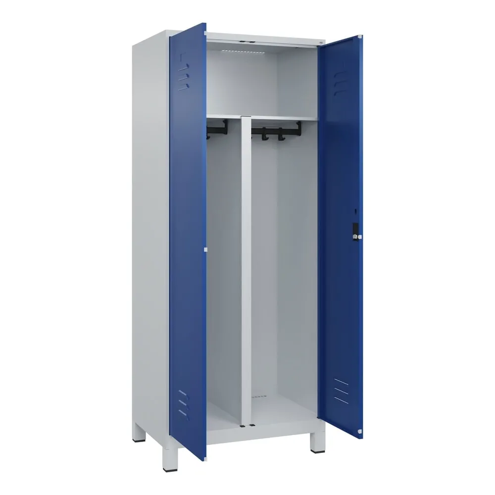 C+P PSA Doppel-Spind Classic PLUS, Füße, 2 Abteile, HxBxT 1.950 x 800 x 500 mm, lichtgrau, enzianblau, Zylinderschloss