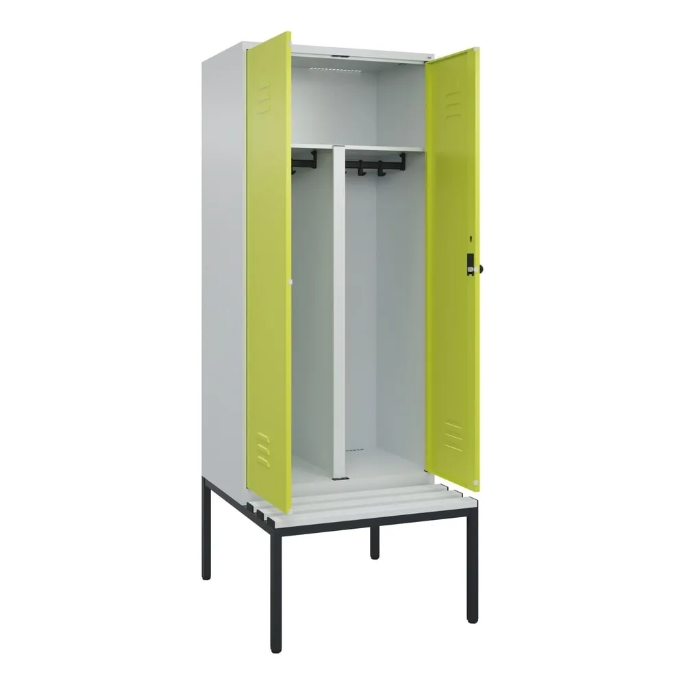 C+P PSA Doppel-Spind Classic PLUS, 2 Abteile, HxBxT 2.120 x 800 x 815 mm, für Vorhängeschloss, untergebaute Bank aus Kunststoff, lichtgrau, clowngrün