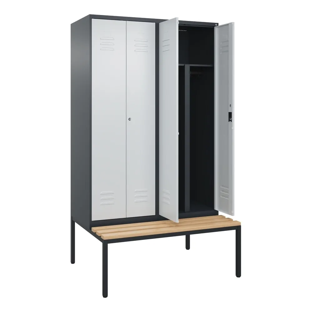 C+P PSA Doppel-Spind Classic PLUS, 4 Abteile, HxBxT 2.120 x 1.200 x 815 mm, Zylinderschloss, untergebaute Bank aus Buche, anthrazitgrau, lichtgrau