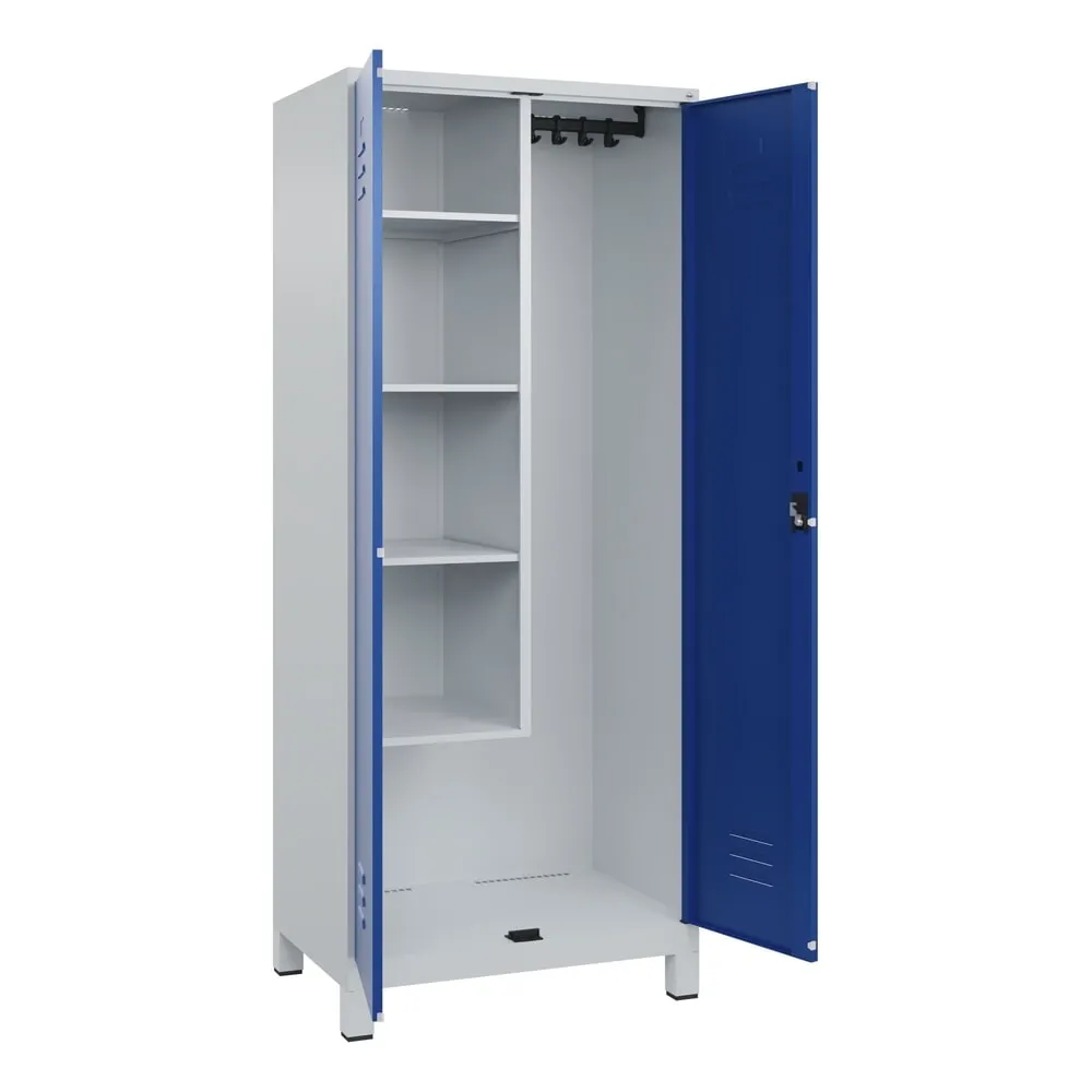 C+P Putzmittel-Spind Classic PLUS, Füße, 2 Abteile, HxBxT 1.950 x 800 x 500 mm, lichtgrau, enzianblau, Zylinderschloss