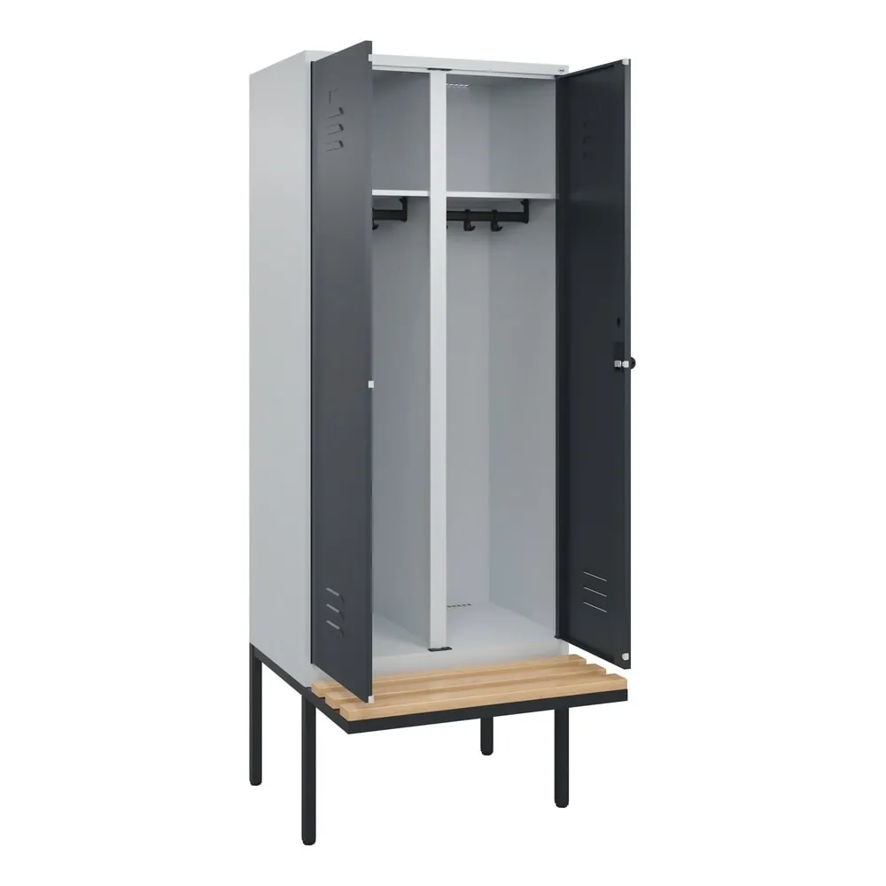 C+P Schwarz-Weiß-Spind Classic PLUS, 2 Abteile, HxBxT 2.120 x 800 x 815 mm, für Vorhängeschloss, auskragende Bank aus Buche, lichtgrau, anthrazitgrau