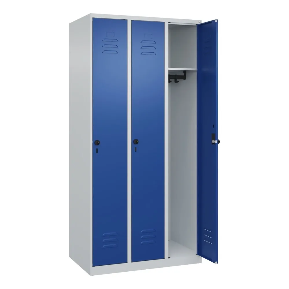 C+P Spind Classic PLUS, 3 Abteile, HxBxT 1.850 x 900 x 500 mm, lichtgrau, enzianblau, für Vorhängeschloss, ohne Mitteltrennwand