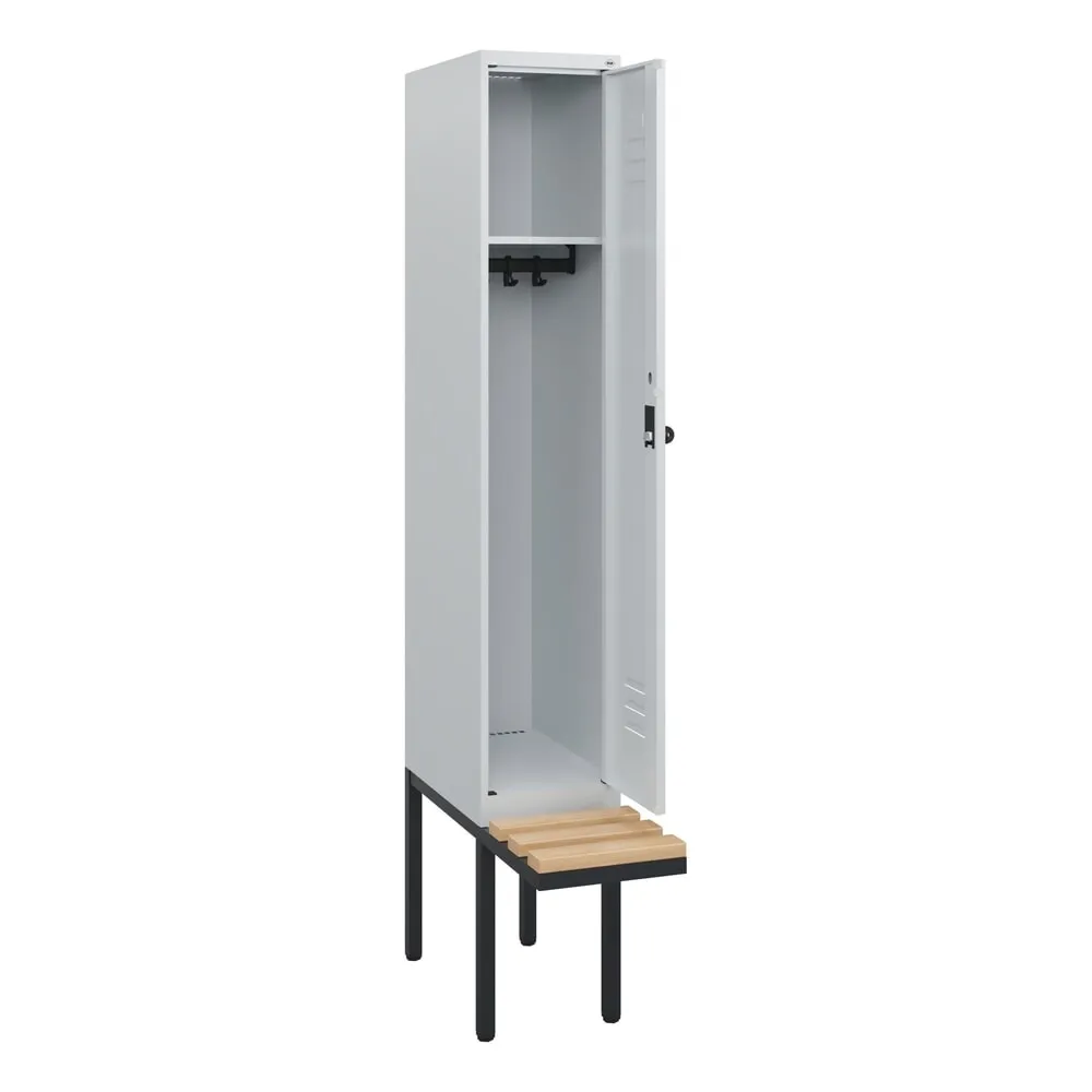 C+P Spind Classic PLUS, 1 Abteil, HxBxT 1.950 x 300 x 815 mm, für Vorhängeschloss, auskragende Bank aus Buche, lichtgrau, lichtgrau